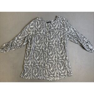 FLAX Blouse Women's Size Large 3/4 Sleeve Button Up White/White 100% Linen